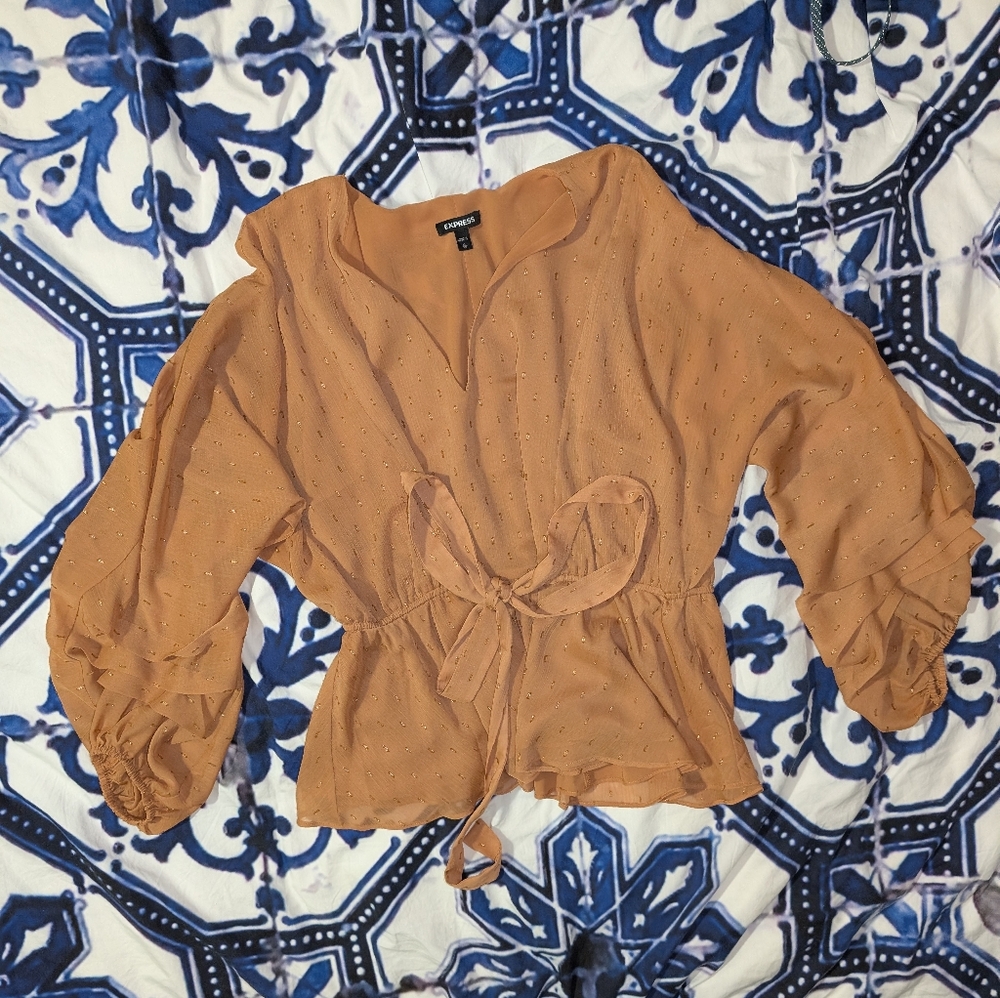Express Gold Tie-Front Peplum Blouse (XL)